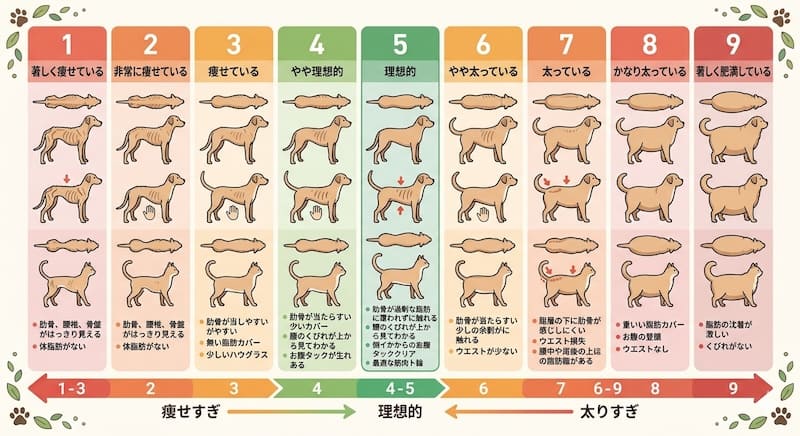 犬のボディコンディションスコア(BCS)1〜9段階の図