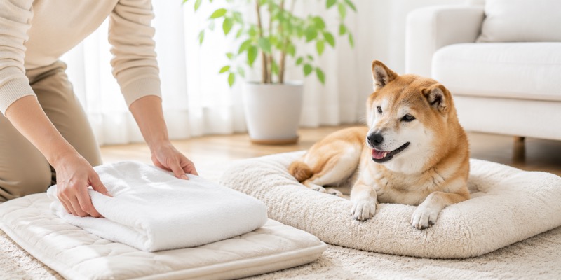 飼い主が清潔なタオルとマットを整え、そばでくつろぐシニア柴犬